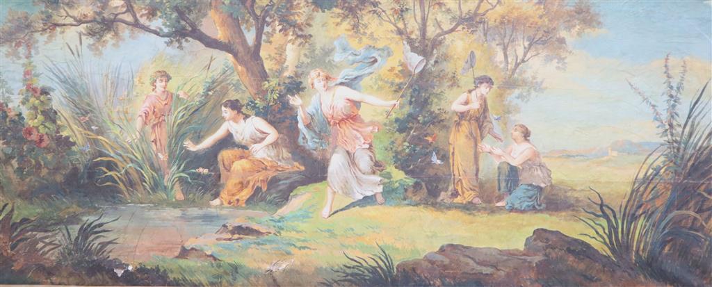 Continental School, gouache on paper laid on canvas, Classical scene with muses catching butterflies, 66 x 164cm, unframed